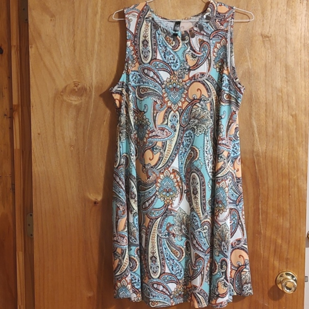 J.T.B. Missy Mod Trapeze Tank Dress Pastel Paisley Stretch Metallic Accents L